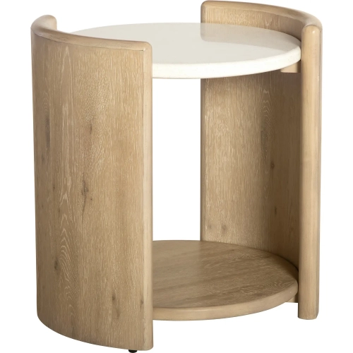 Melia Round End Table in Brushed Sand Wood & White Quartz