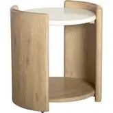 Melia Round End Table in Brushed Sand Wood & White Quartz