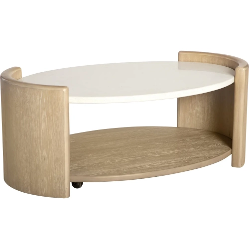 Melia Oval Coffee Cocktail Table with Casters in Brushed Wood & White Quartz