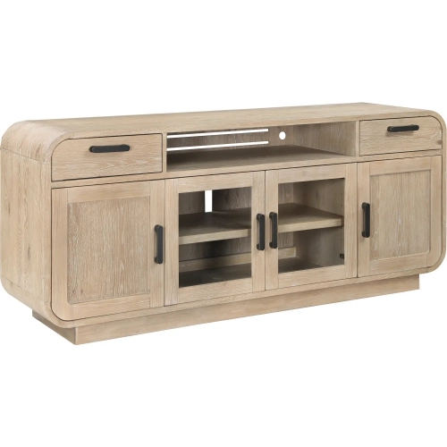 Melia 74" TV Stand Entertainment Unit in Brushed Sand Wood & Glass