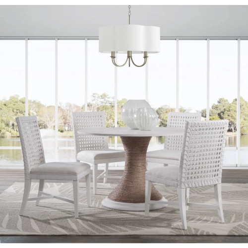 Boca Grande 5 Piece Dining Set in White Wood, White Rattan, Fabric & Abaca