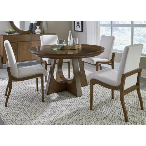 Manhattan Round 5 Piece Dining Set in Walnut Finish & Neutral Fabric