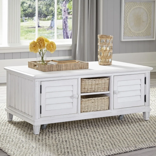 Cane Bay Coffee Cocktail Table with Rattan Baskets & Casters in White