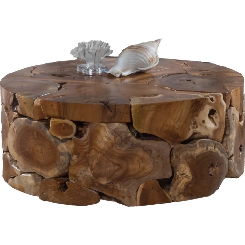 Organics Round Coffee Cocktail Table in Natural Brown Teak Wood