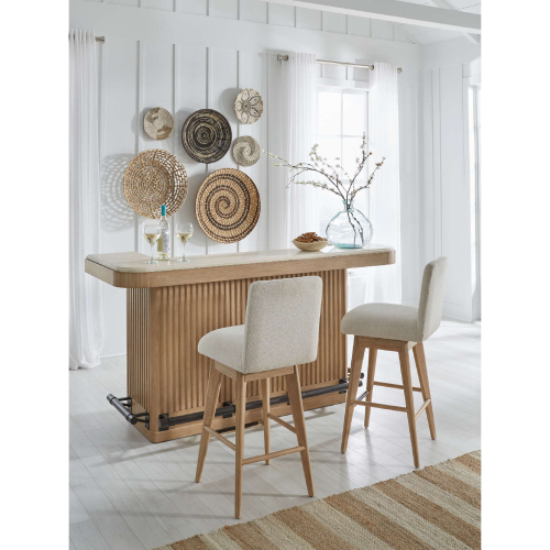 Escape 3 Piece Bar Dining Set in Wood, Natural Stone & Neutral Fabric