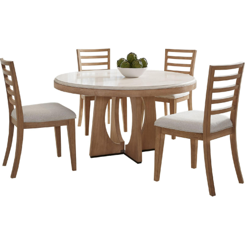 Escape 5 Piece Round Dining Set with Ladderback Chairs in Glazed Wood & Neutral Fabric