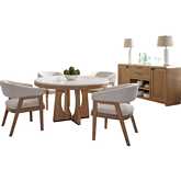 Escape 6 Piece Round Dining Set with Server in Glazed Wood & Neutral Fabric