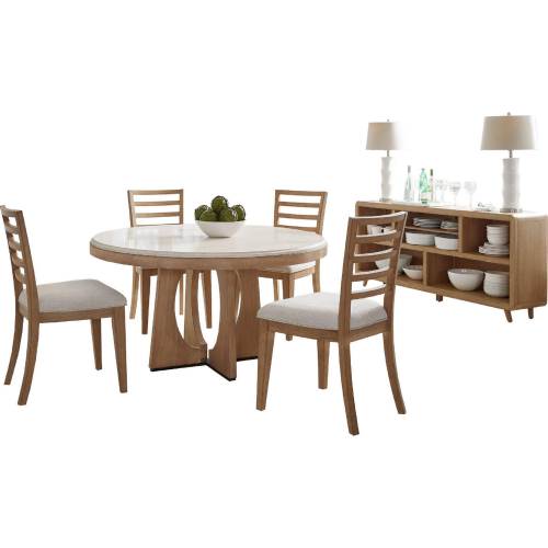 Escape 6 Piece Round Dining Set with Console in Glazed Wood & Neutral Fabric