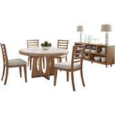 Escape 6 Piece Round Dining Set with Console in Glazed Wood & Neutral Fabric