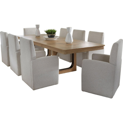 Escape 9 Piece Dining Set with Caster Chairs in Glazed Wood & Neutral Fabric