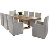 Escape 9 Piece Dining Set with Caster Chairs in Glazed Wood & Neutral Fabric