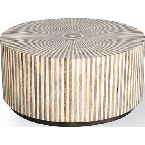Crossings Downtown Round Coffee Cocktail Table in Mango Wood with Bone Inlay
