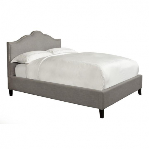 Jamie King Bed in Falstaff Grey Fabric with Nailhead Trim