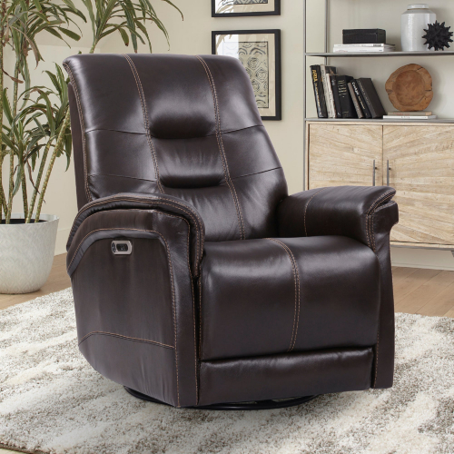 Carnegie Power Cordless Swivel Glider Recliner in Brown Top Grain Leather