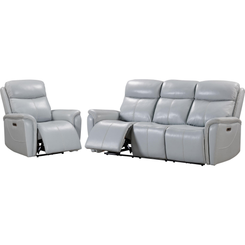 Cascade 2 Piece Power Reclining Sofa Set in Recliners in Seamist Pale Blue Grey Leather