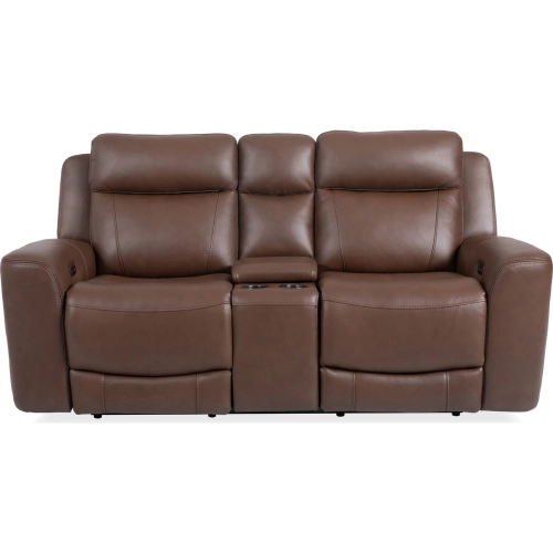 Calgary Power Reclining Console Loveseat in Autumn Umber Brown Top Grain Leather