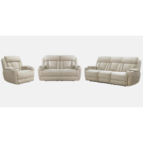 Dalton Power Reclining Sofa. Loveseat & Recliner Set in Fawn Neutral Fabric