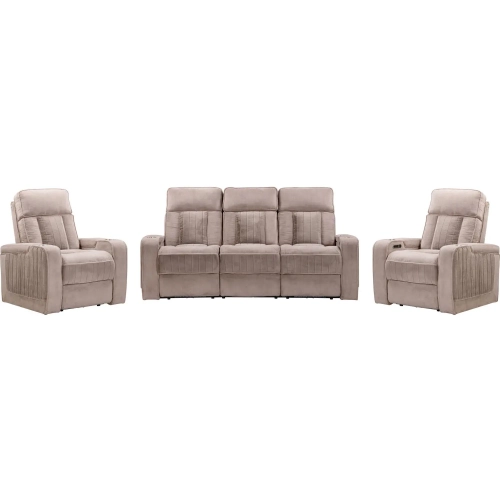 Equinox Power Reclining Sofa & Two Recliners Set in Mushroom Tan Fabric