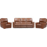 Rockford Power Reclining Sofa & Two Recliners Set in Saddle Brown Top Grain Leather