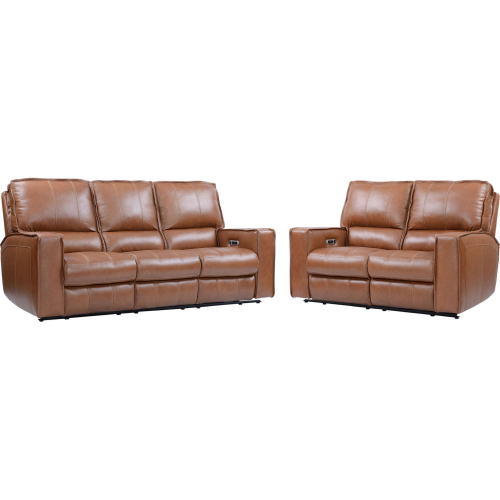 Rockford Power Reclining Sofa & Loveseat Set in Saddle Brown Top Grain Leather