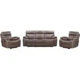 Theon Manual Glider Reclining Sofa & Two Recliners Set in Stokes Toffee Brown Leatherette