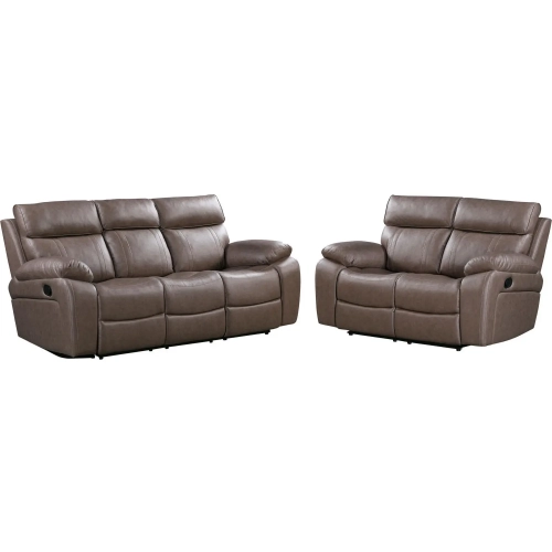Theon Manual Reclining Sofa & Loveseat Set in Stokes Toffee Brown Leatherette