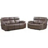 Theon Manual Reclining Sofa & Loveseat Set in Stokes Toffee Brown Leatherette