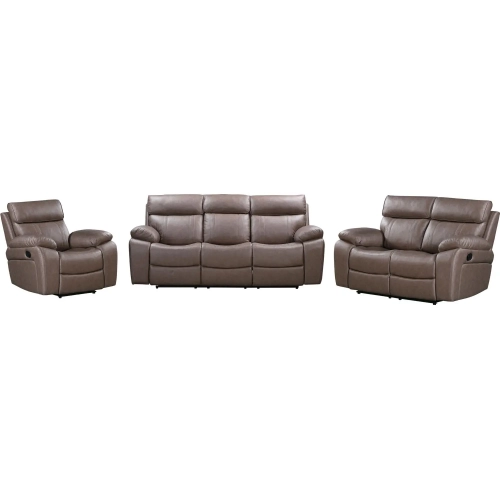 Theon Manual Reclining Sofa, Loveseat & Recliner Set in Stokes Toffee Brown Leatherette