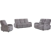 Tuscany Power Reclining Sofa Loveseat and Recliner in Whiskers Nature Grey Fabric