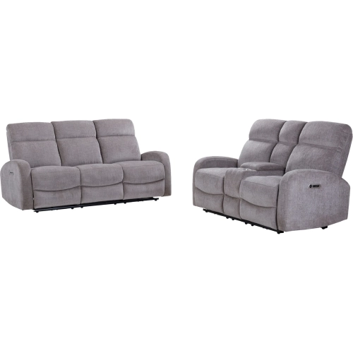 Tuscany Power Reclining Sofa and Loveseat in Whiskers Nature Grey Fabric