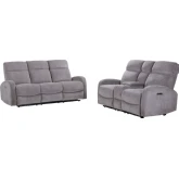 Tuscany Power Reclining Sofa and Loveseat in Whiskers Nature Grey Fabric