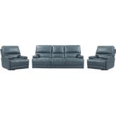 Whitman Power Cordless Reclining Sofa & Two Recliners Set in Azure Top Grain Leather