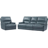 Whitman Power Cordless Reclining Sofa & Recliner Set in Azure Top Grain Leather