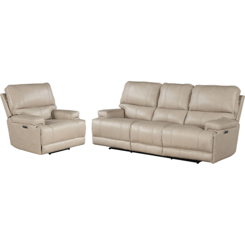 Whitman Power Cordless Reclining Sofa & Recliner Set in Linen Beige Top Grain Leather