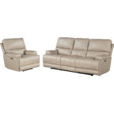 Whitman Power Cordless Reclining Sofa & Recliner Set in Linen Beige Top Grain Leather