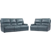 Whitman Power Cordless Reclining Sofa & Loveseat Set in Azure Top Grain Leather