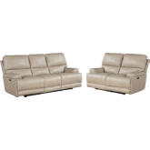 Whitman Power Cordless Reclining Sofa & Loveseat Set in Linen Beige Top Grain Leather