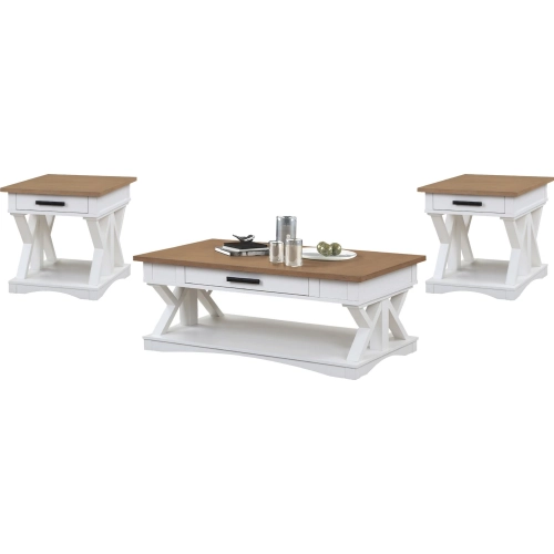 Americana Modern Coffee Cocktail Table & 2 End Tables in White & Weathered Wood