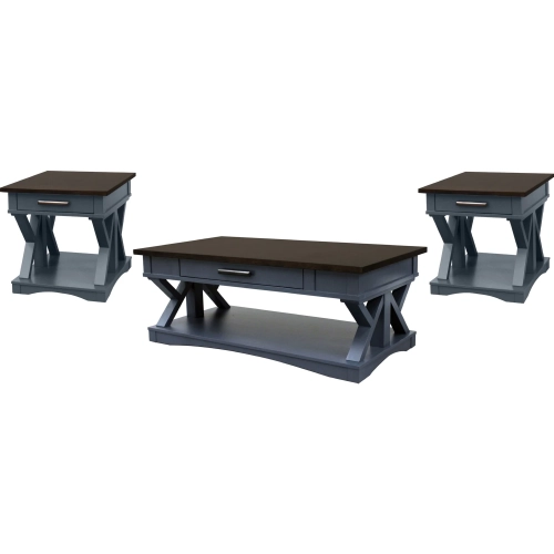 Americana Modern Coffee Cocktail Table & 2 End Table Set in Denim Blue & Wood