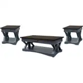 Americana Modern Coffee Cocktail Table & 2 End Table Set in Denim Blue & Wood