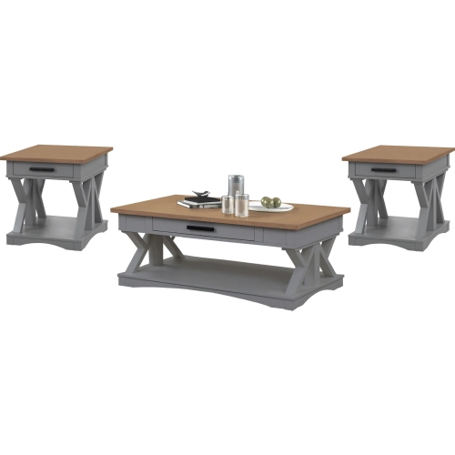 Americana Modern Coffee Cocktail Table & 2 End Table Set in Dove Grey & Wood