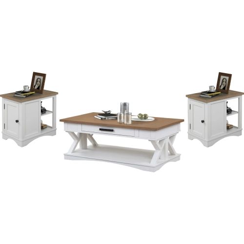 Americana Modern Coffee Table & 2 Side Table Set in White & Weathered Wood
