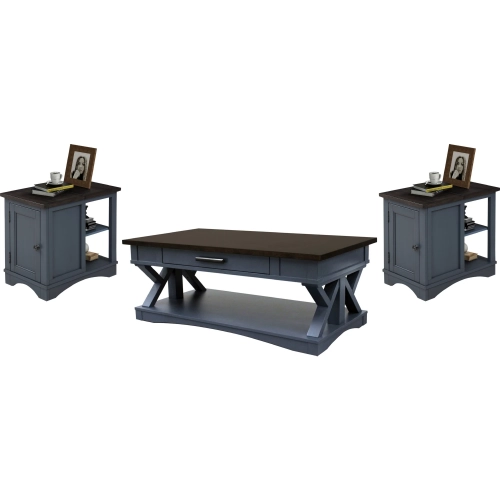 Americana Modern Coffee Cocktail Table & 2 Side Table Set in Denim Blue & Wood