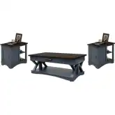Americana Modern Coffee Cocktail Table & 2 Side Table Set in Denim Blue & Wood