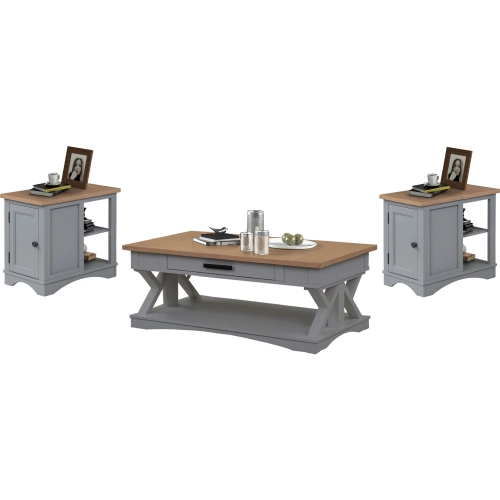 Americana Modern Coffee Cocktail Table & 2 Side Table Set in Dove Grey & Wood