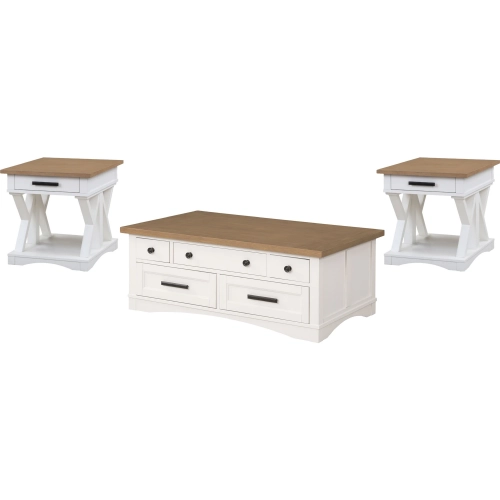 Americana Modern Lift Top Coffee Table & 2 End Table Set in White & Weathered Wood