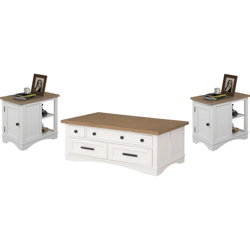 Americana Modern Lift Top Coffee Table & 2 Side Table Set in White & Weathered Wood