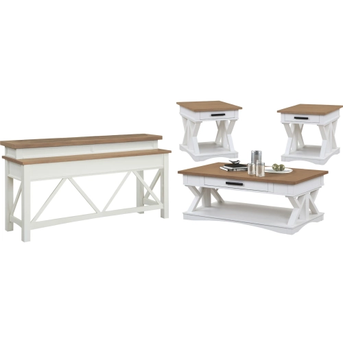 Americana Modern Coffee Cocktail Table, 2 End Tables & Console Table in White & Wood