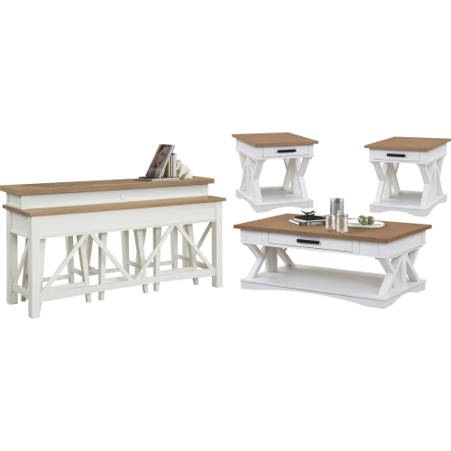 Americana Modern Coffee Table, 2 End Tables, Console Table & 3 Stools in White & Wood