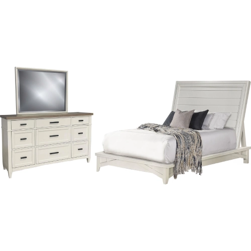 Americana Modern Queen Platform Bed, Dresser & Mirror Set in White Wood